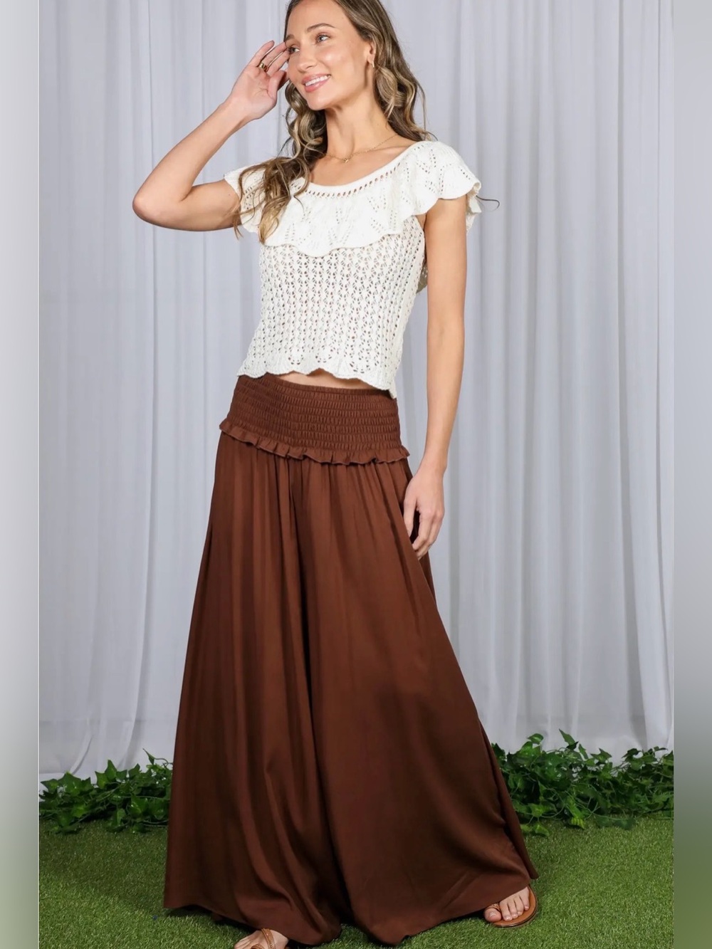 Boho Smocked with Ruffle Wide Leg Pants | SM150 - Picture 6 of 9